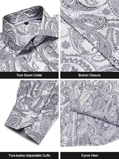 Men's Silk Paisley Dress Shirts,Silver Paisley
