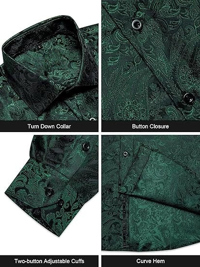 Men's Silk Paisley Dress Shirts,Emerald Green Paisley