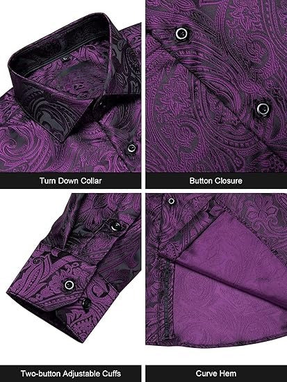 Men's Silk Paisley Dress Shirts,Black Purple Paisley