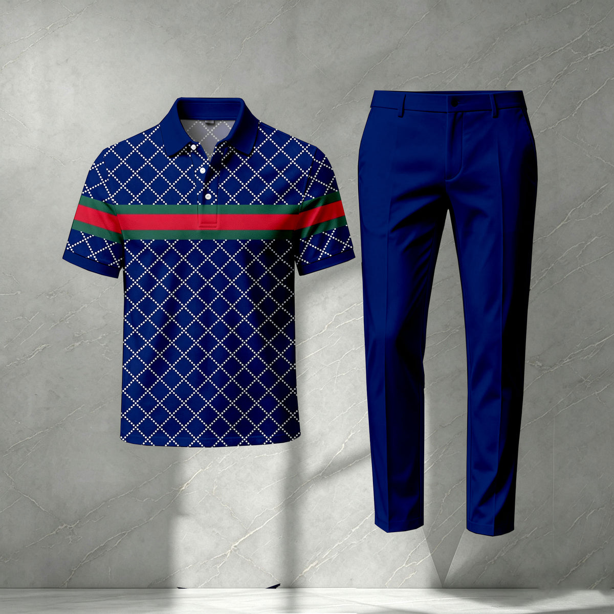 Men's Dark Blue Short-Sleeve Polo Shirt and Pants Set