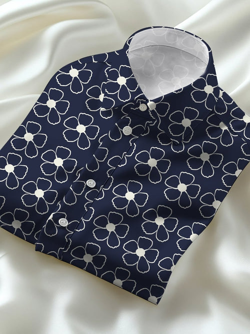 Men's Business Casual Blue Floral Lapel Short Sleeve Shirt
