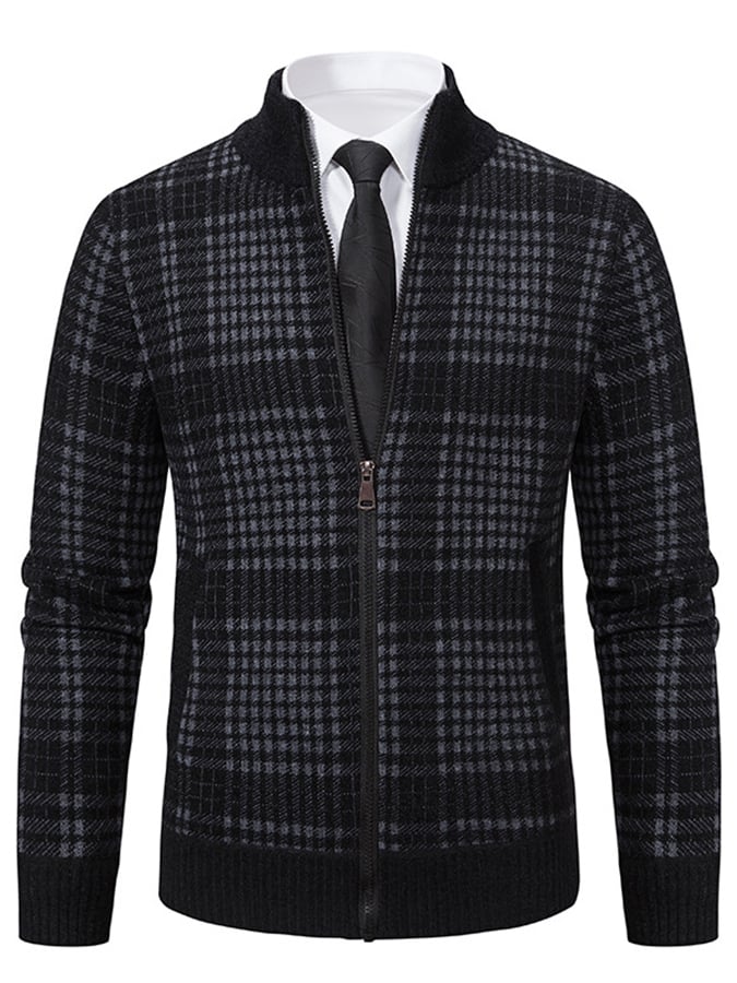 Men's Fashionable Plaid Design Warm Zipper Sweater Jacket