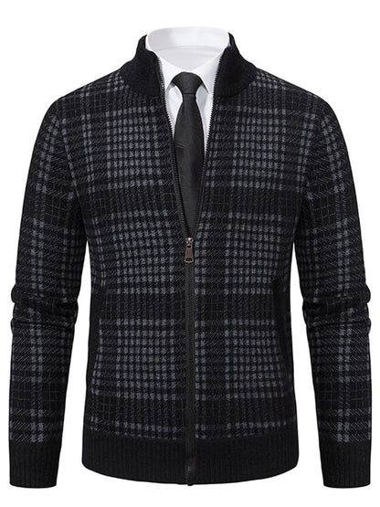 Men's Fashionable Plaid Design Warm Zipper Sweater Jacket