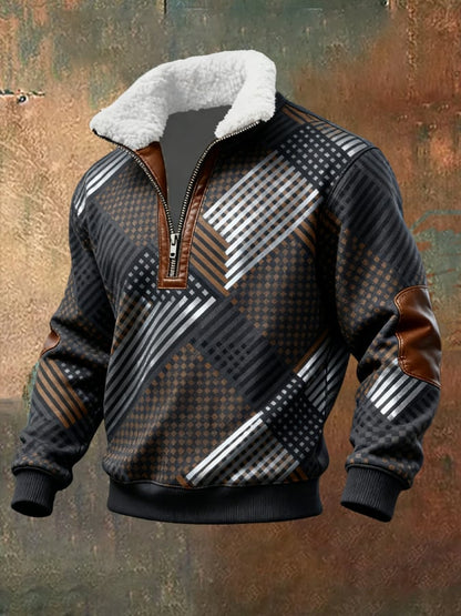 Men's Retro Distressed Color Block Print Casual Fur Collar Long Sleeve Sweatshirt