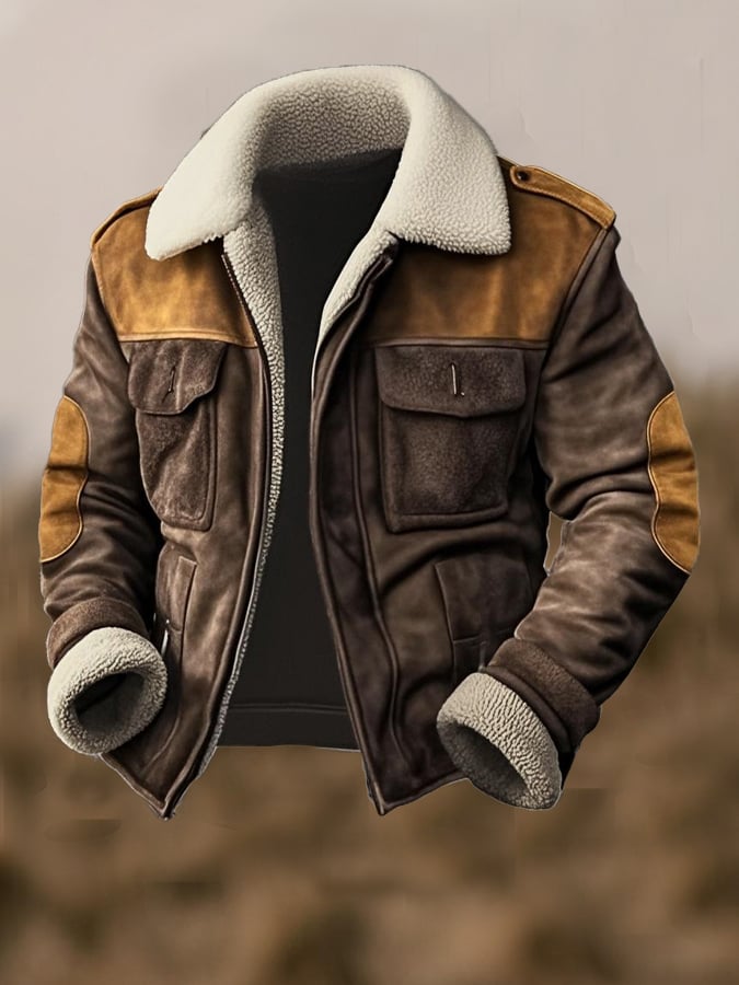 Men's Retro Classic Distressed Casual Fur Collar Pocket Jacket