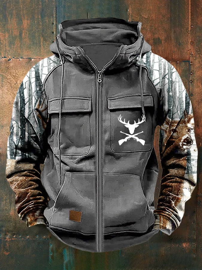 Men's Vintage Western Deer Print Multi-Pocket Jacket