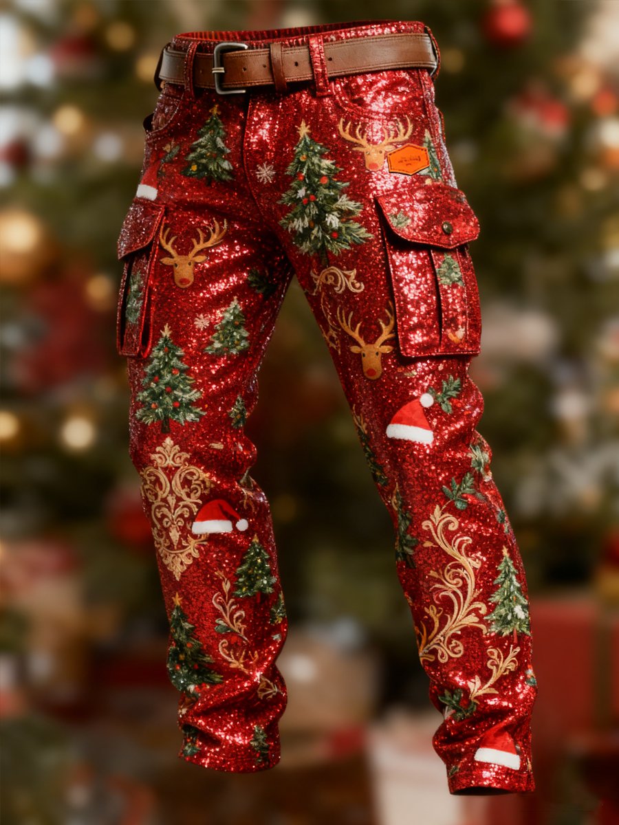 Men's Retro Christmas Evergreen Striped Print Cargo Pants