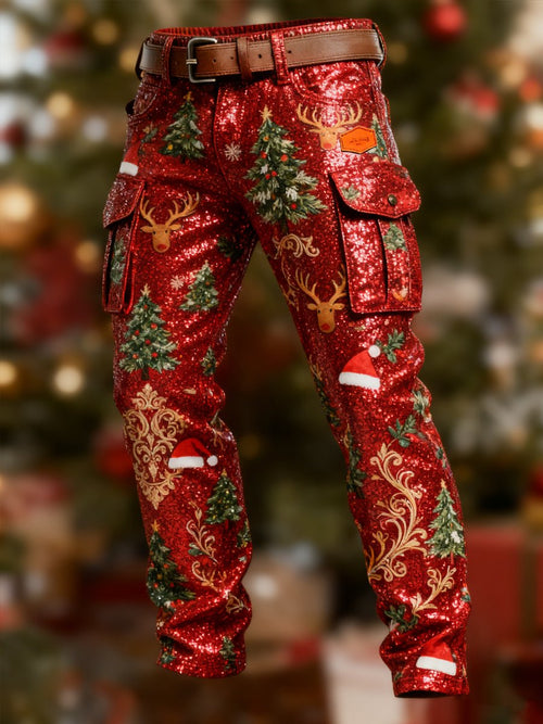 Men's Retro Christmas Evergreen Striped Print Cargo Pants