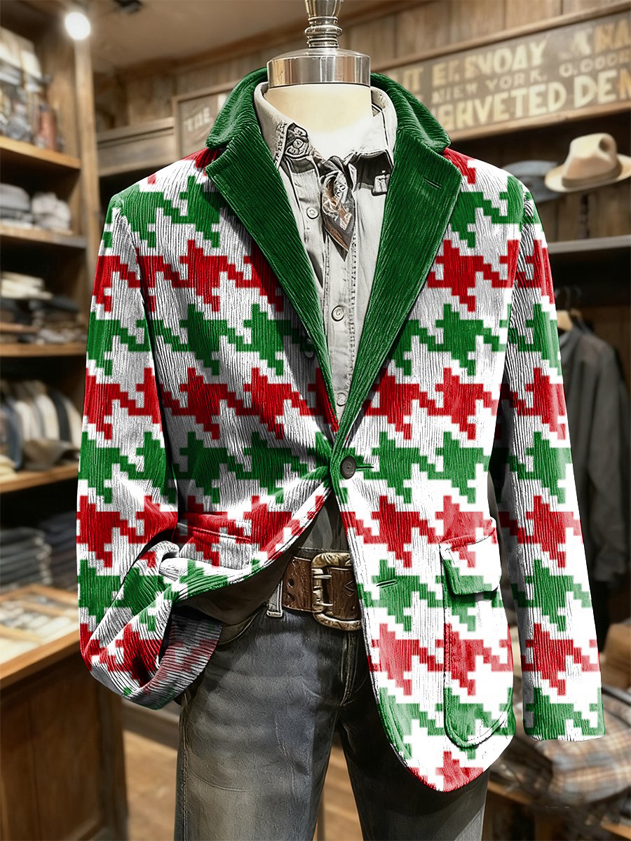 Men's Corduroy Christmas Mosaic Lapel Suit Jacket