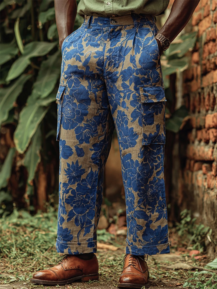 Men's Casual Vintage Floral Print Multi-Pocket Overalls