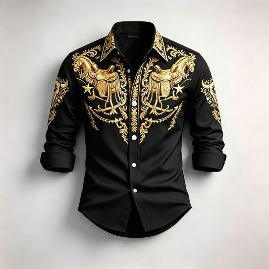 Men's Gold Horse Print Long-Sleeve Shirt