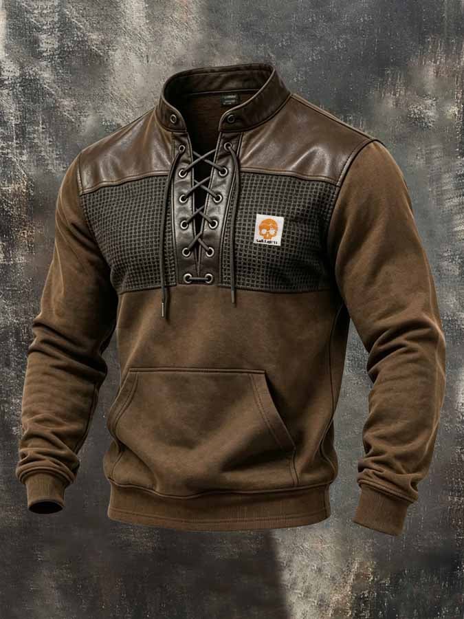 Men's Retro Paneled Leather-Detail Lace-Up Sweatshirt