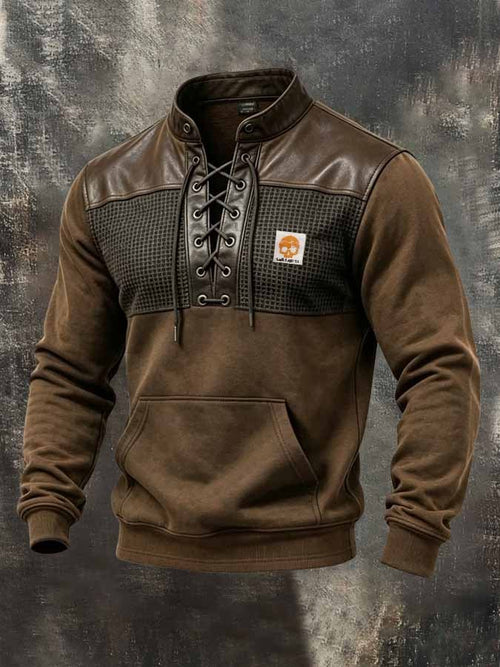 Men's Retro Paneled Leather-Detail Lace-Up Sweatshirt