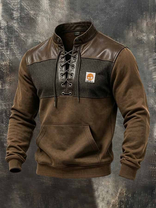 Men's Retro Paneled Leather-Detail Lace-Up Sweatshirt