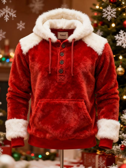 Men's Warm Plush Stitching Contrast Color Christmas Hooded Sweatshirt