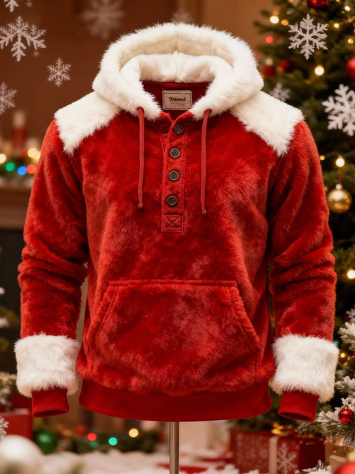 Men's Warm Plush Stitching Contrast Color Christmas Hooded Sweatshirt