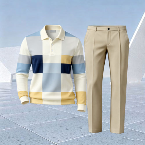 Men's Two-Piece Set: Color-Blocked Checkered Polo Shirt and Pants