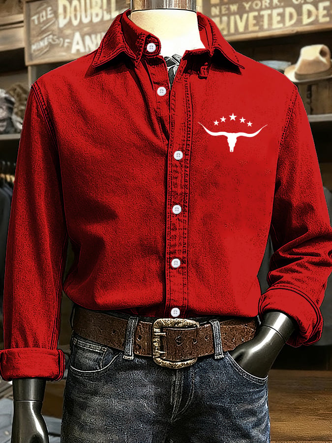 Men's Retro Western Cow Head Design Printed Long Sleeve Casual Shirt