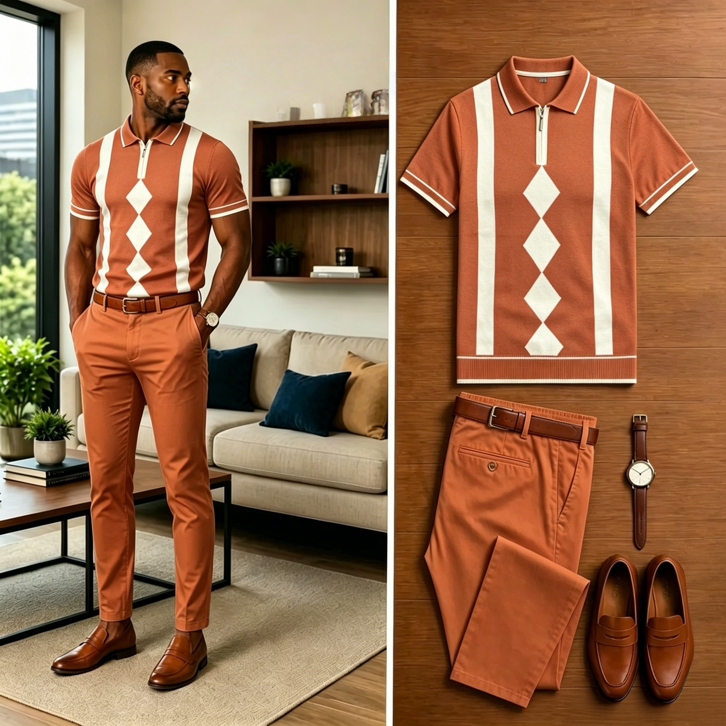 Men's Casual Diamond Grid Contrasting Printed Polo Shirt And Pants Two-Piece Set