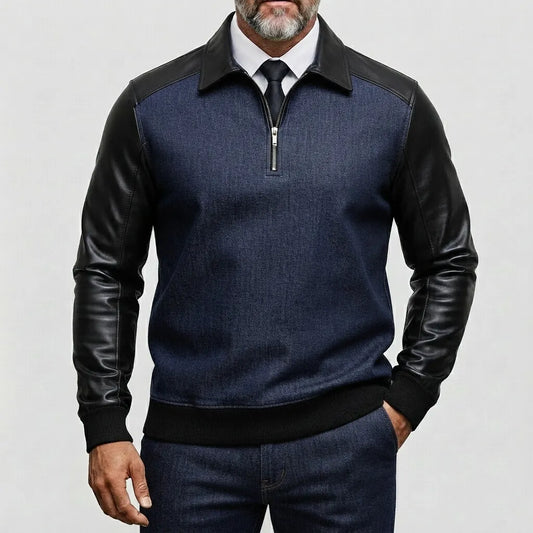 Men's Denim PU Leather Patchwork Long Sleeve Half Zip Sweatshirt