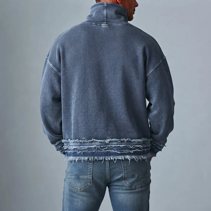 Men's Denim Turtleneck Distressed Raw Hem Long Sleeve Pullover Sweatshirt