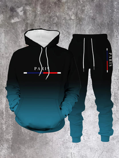 Gradient Color Paris Tracksuit Outfit Men's Street Fashion 3D Print Sport Hoodie 2-Piece Autumn/Winter Sweatshirt Sweatpants Set