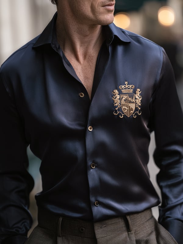 Men's Satin Luxe Crown Logo Button Long Sleeve Shirt