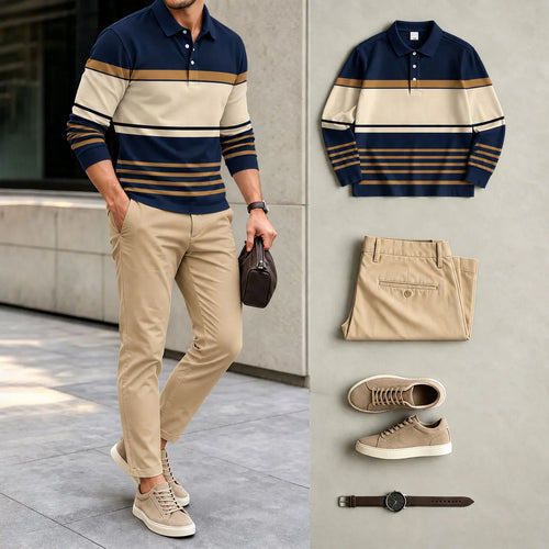 Men's Color-Blocked Polo Shirt and Pants Set