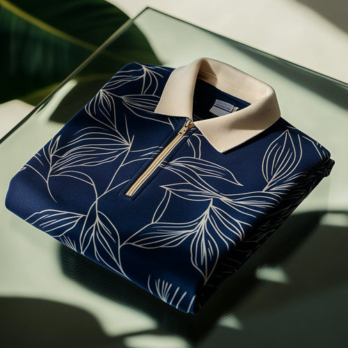 Men's Business Casual Jacquard Button Short Sleeve Polo Shirt