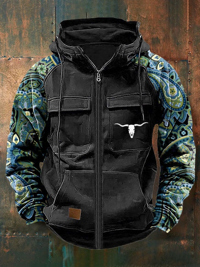 Men's Vintage Western Print Multi-Pocket Jacket