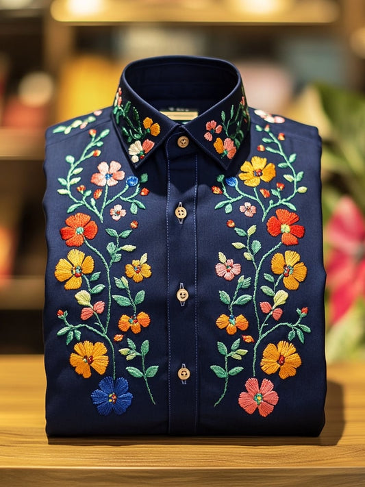 Men's Business Casual Floral Lapel Short Sleeve Shirt