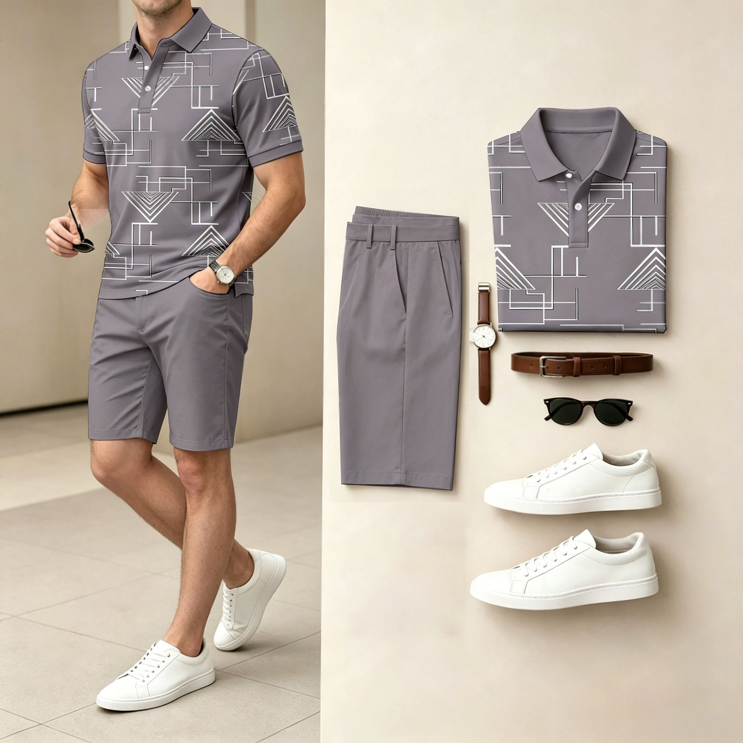 Men's Casual Geometric Print Polo Shirt And Shorts Two-Piece Set (Does Not Include Watch, Belt, Or Accessories)