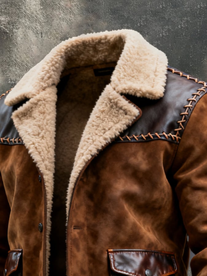 Men's Retro Large Fur Collar Spliced Leather Contrast Color Jacket