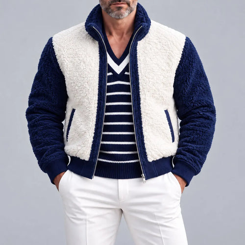 Men's Casual Color Block Stand Collar Slant Pockets Sherpa Fleece Zipper Jacket
