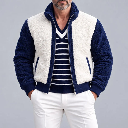 Men's Casual Color Block Stand Collar Slant Pockets Sherpa Fleece Zipper Jacket
