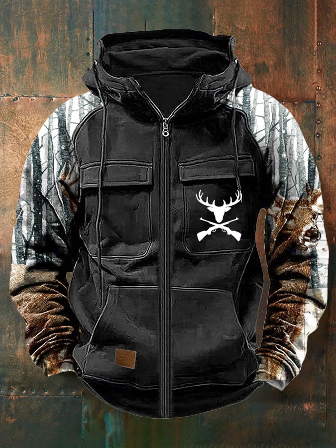 Men's Vintage Western Deer Print Multi-Pocket Jacket