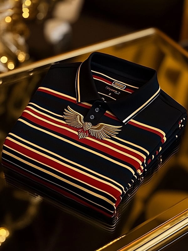 Men's Retro Business Stripe Print Long Sleeve Polo Shirt