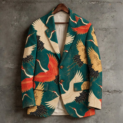 Men's Vintage Japanese-style Flying Crane Print Casual Blazer