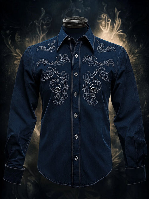 Men's Retro Casual Skull Print Long Sleeve Shirt
