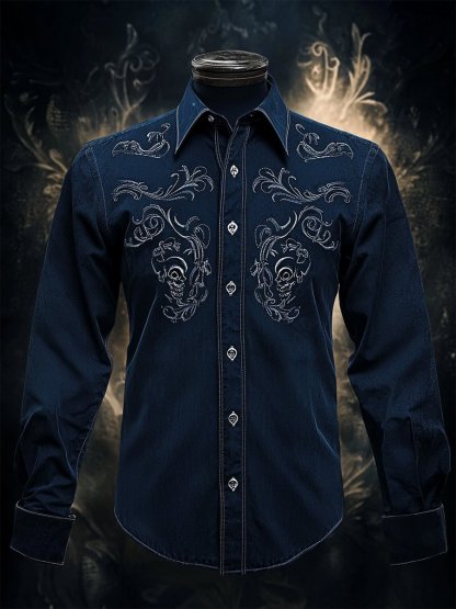 Men's Retro Casual Skull Print Long Sleeve Shirt