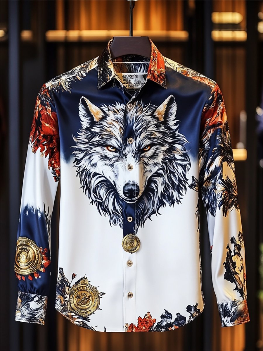 Men's Satin Luxe Wolf Long Sleeve Button Down Shirt