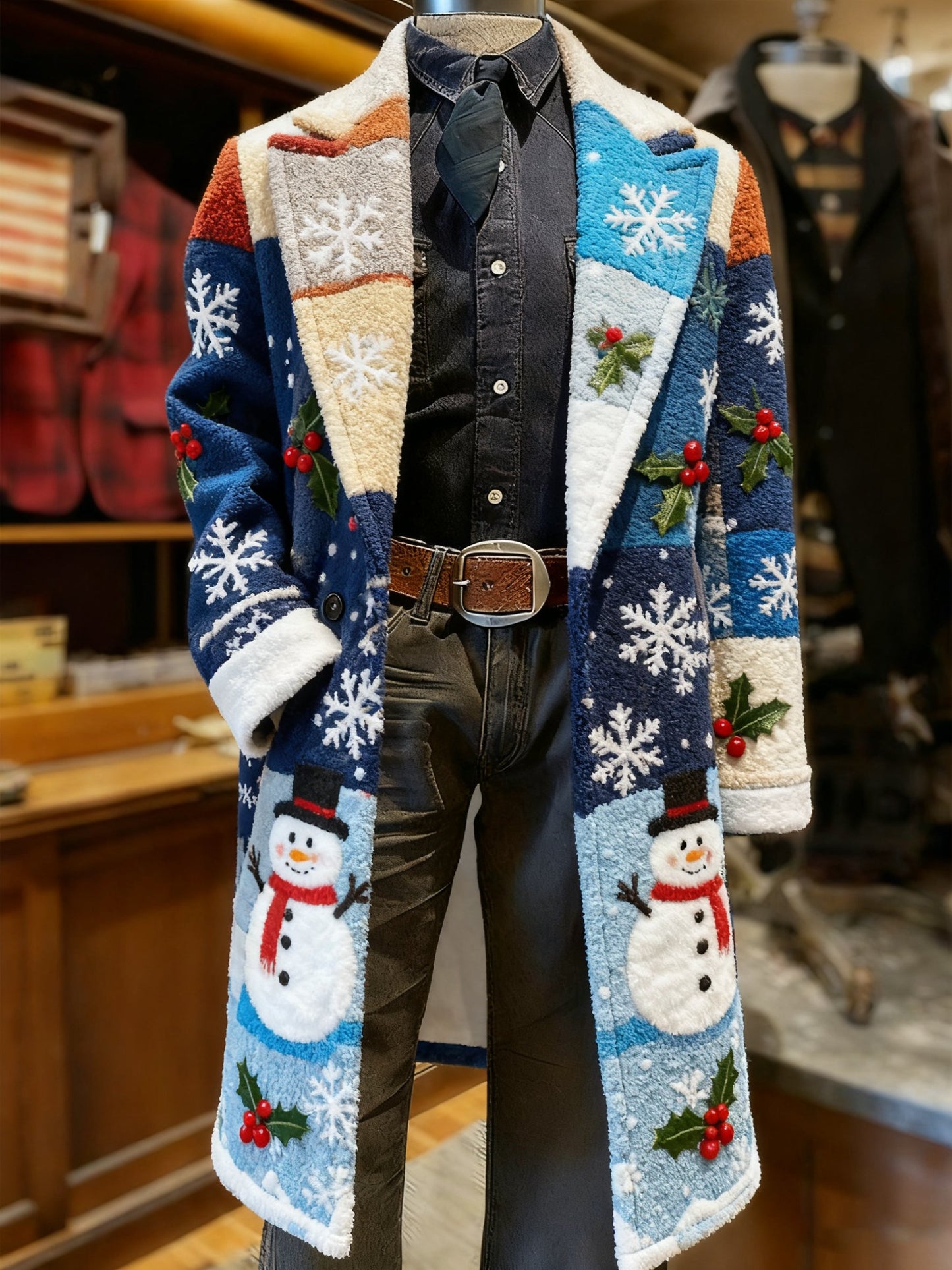 Men's Business Christmas Snowflake Long Wool Coat