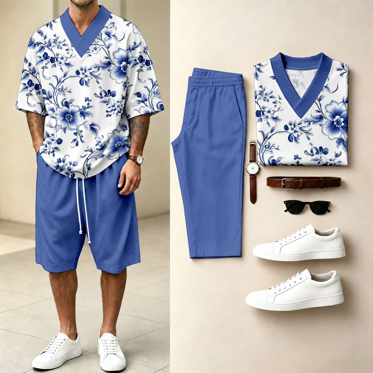 Men's Casual Floral-Print V-Neck Short-Sleeve T-Shirt And Shorts Two-Piece Set