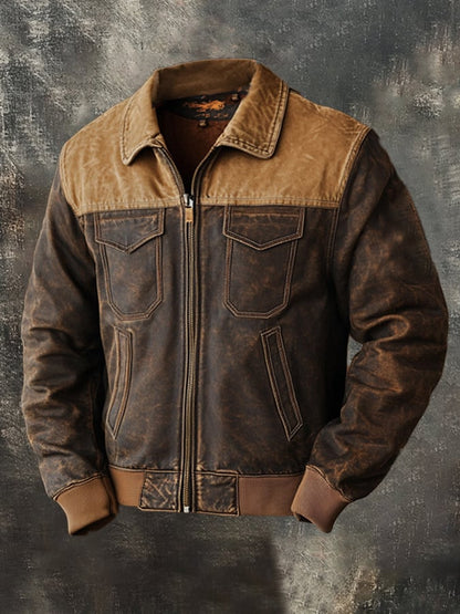 Men's Vintage Suede Patchwork Lamb Fleece Multi-Pocket Reverse Collar Outdoor Jacket Coat