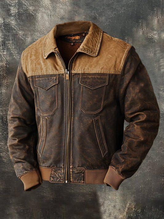 Men's Vintage Suede Patchwork Lamb Fleece Multi-Pocket Reverse Collar Outdoor Jacket Coat