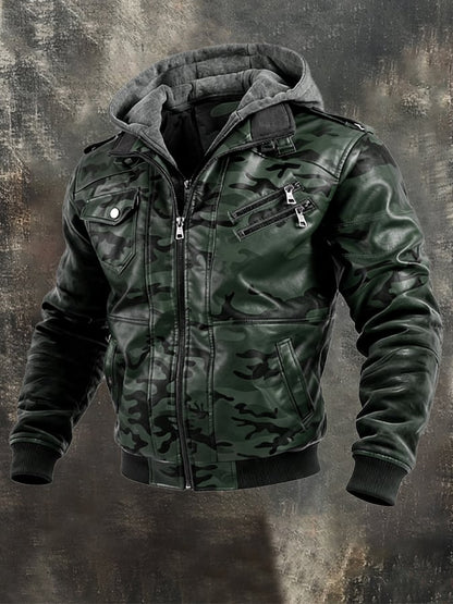 Men's Vintage Camouflage Leather Multi-Pocket Outdoor Jacket