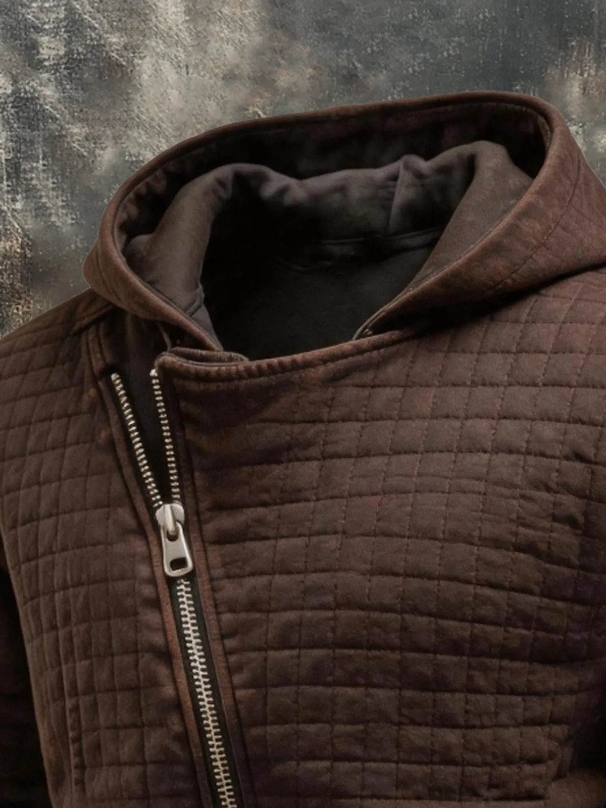 Men's Vintage-Look Distressed Plaid Hooded Jacket with Diagonal Zipper