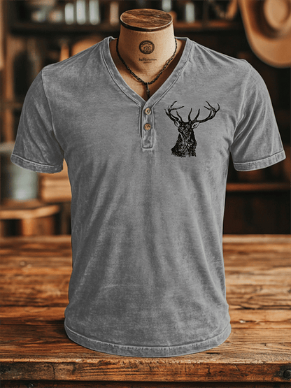 Men's Vintage Elk Print V-Neck Button Casual T-Shirt
