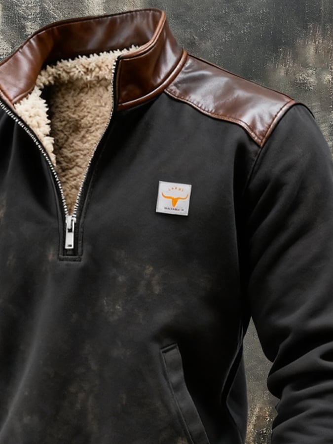 Men's Vintage Suede Leather Stitching Plush Warm Zip-Up Sweatshirt