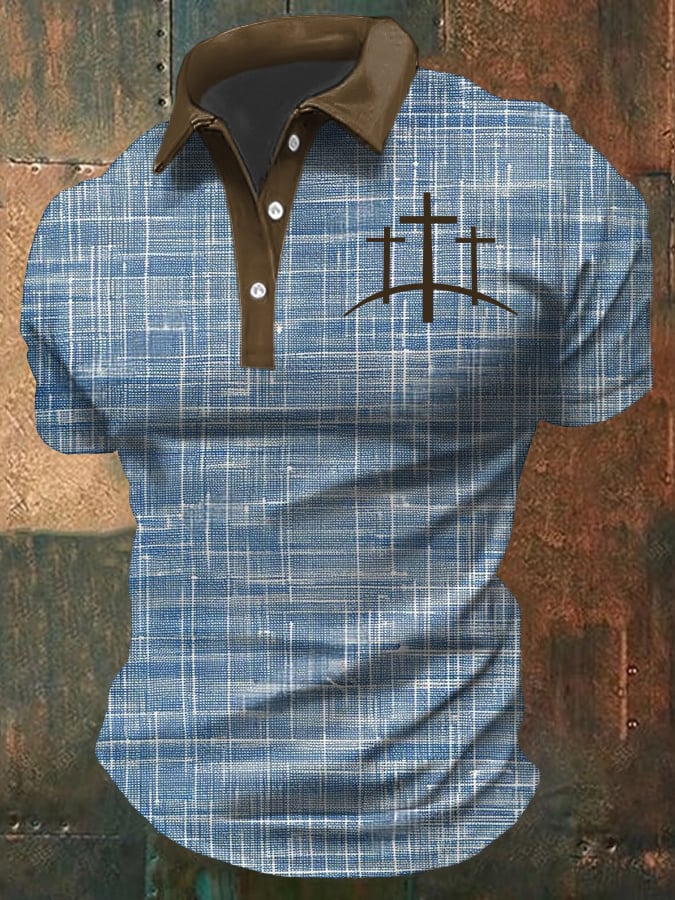 Men's Retro Faith Cross Patchwork Printed Casual POLO Shirt